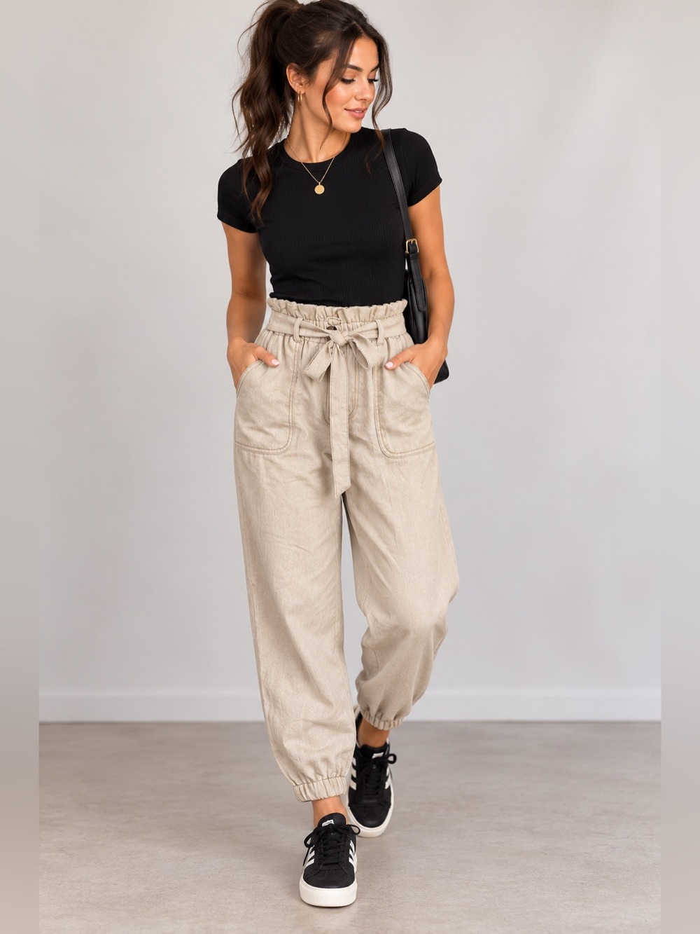 Sienna Sky Paperbag Jogger Pants Beige Tan Size M